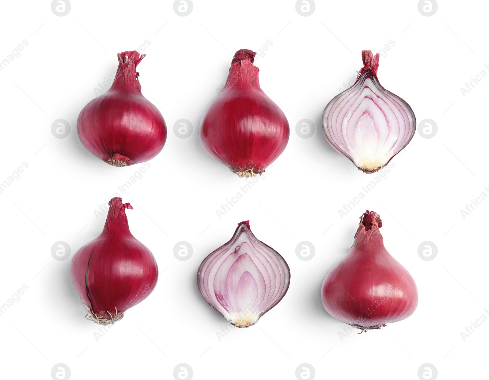 Photo of Beautiful composition with ripe red onions on white background