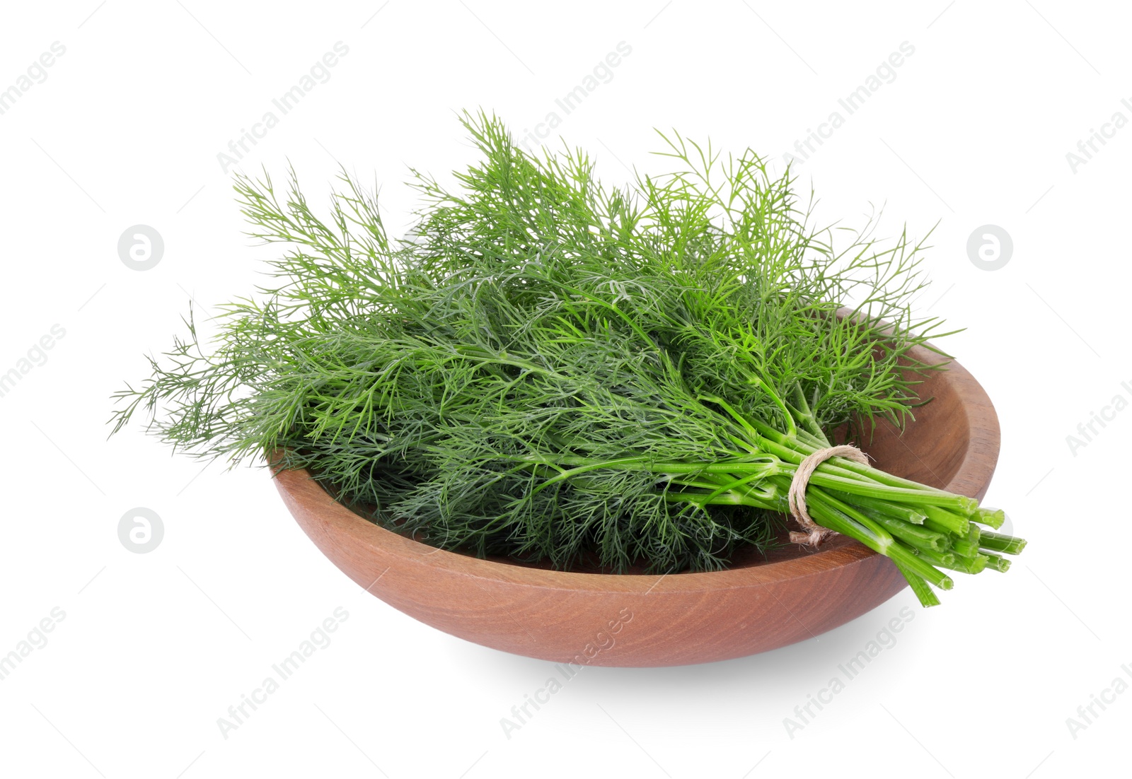 Photo of Bowl with bunch of fresh dill isolated on white