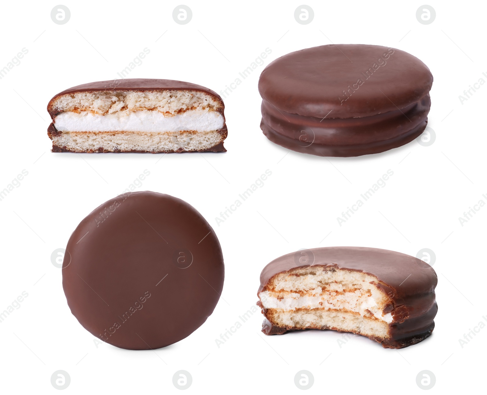 Image of Set with tasty choco pies on white background