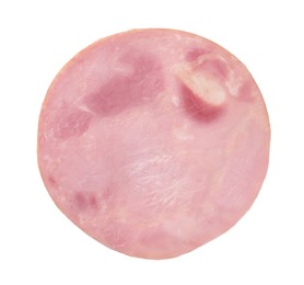 Photo of Slice of tasty ham isolated on white, top view