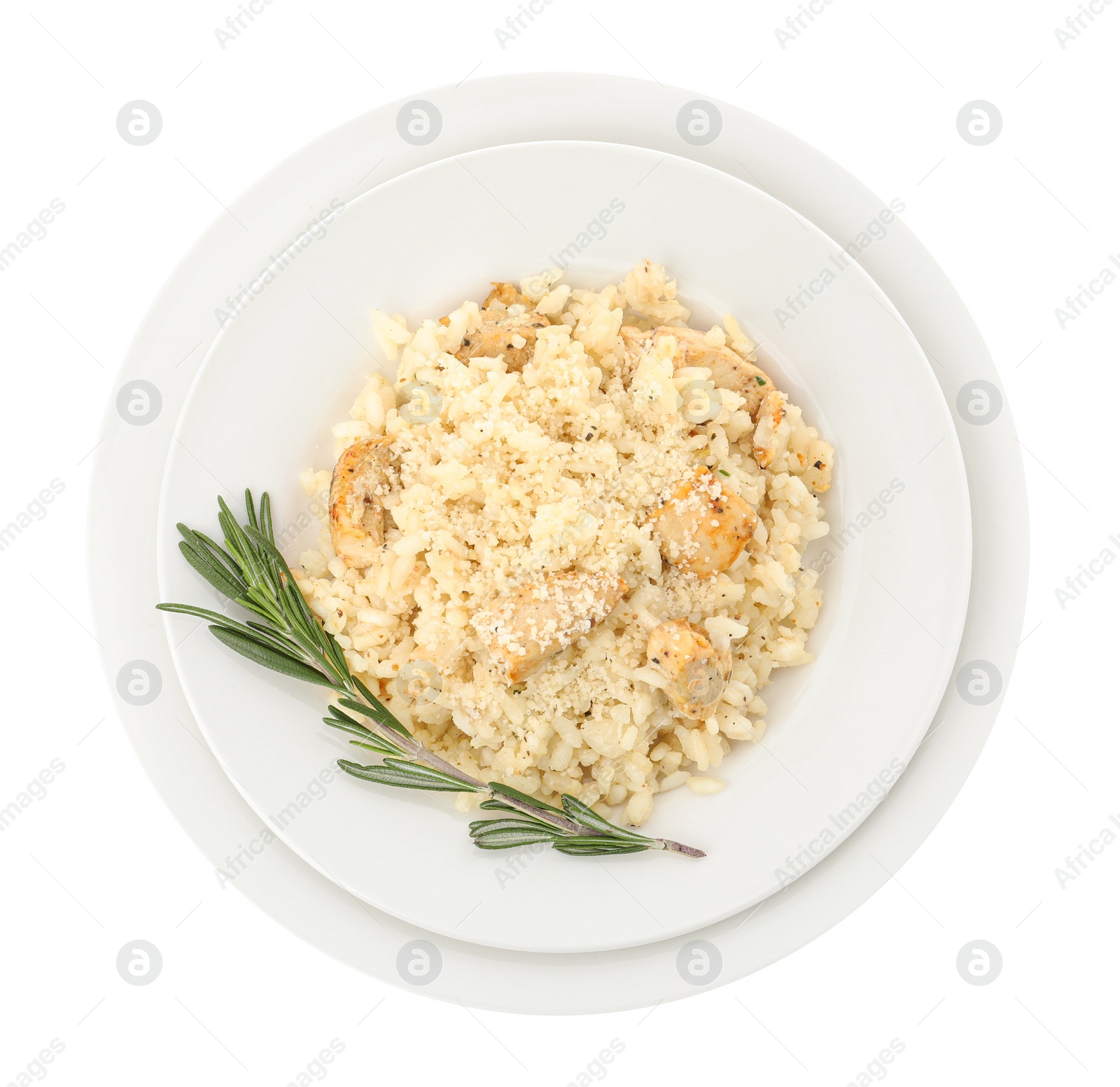 Photo of Delicious chicken risotto with rosemary isolated on white, top view