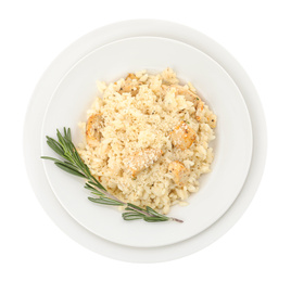 Photo of Delicious chicken risotto with rosemary isolated on white, top view