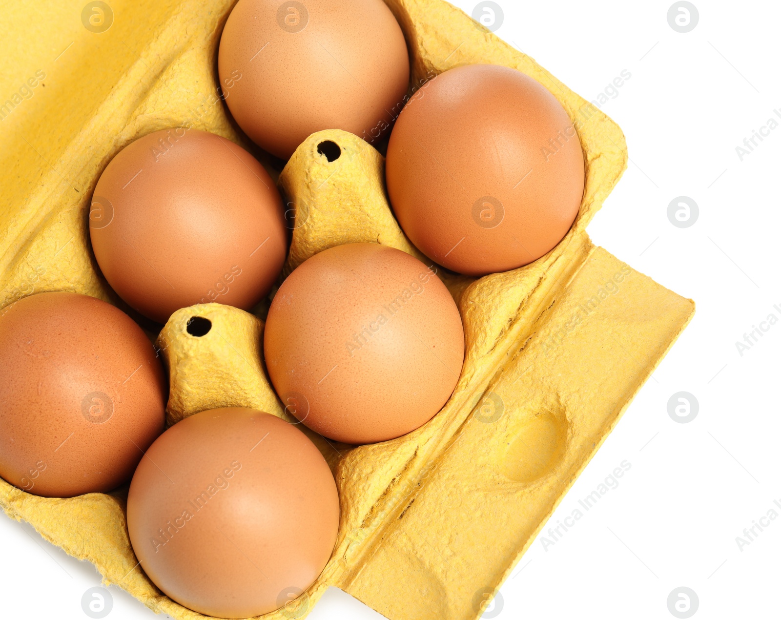 Photo of Chicken eggs in carton isolated on white, top view