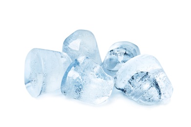 Photo of Ice cubes on white background. Frozen liquid