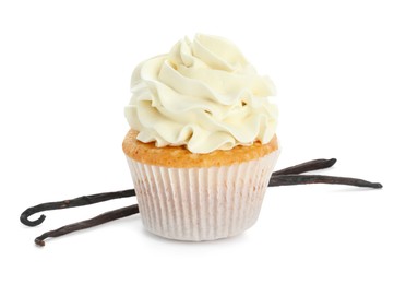 Photo of Tasty cupcake with cream and vanilla pods isolated on white