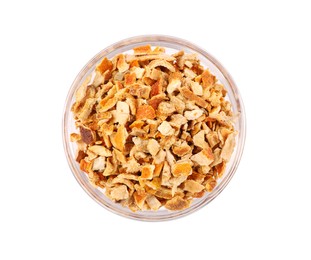 Photo of Bowl of dried orange zest seasoning isolated on white, top view