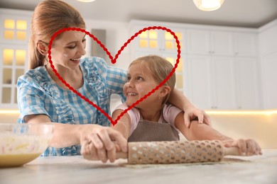 Image of Illustration of red heart and happy mother and daughter rolling dough together in kitchen