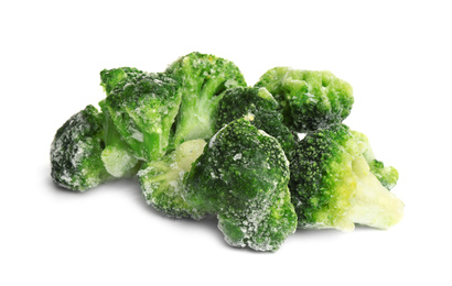 Photo of Pile of frozen broccoli florets isolated on white. Vegetable preservation
