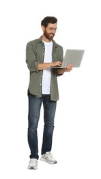 Photo of Handsome man holding laptop on white background