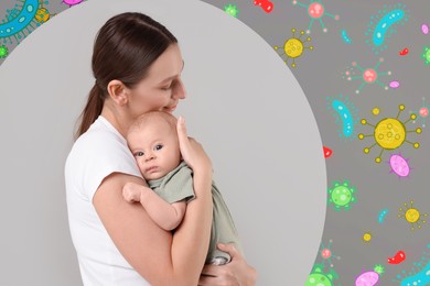 Happy mother with her child surrounded by drawn viruses on grey background. Bubble around them symbolizing strong immunity