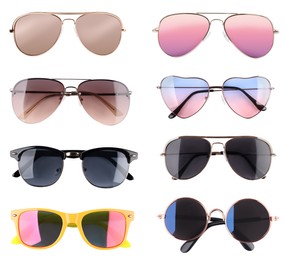 Image of Set with different stylish sunglasses on white background