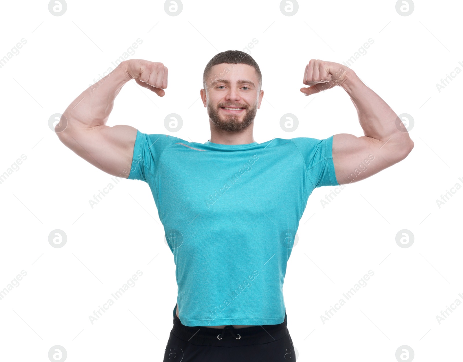 Photo of Handsome man showing muscles on white background