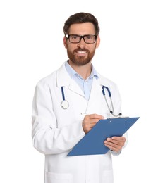 Photo of Doctor with stethoscope and clipboard on white background