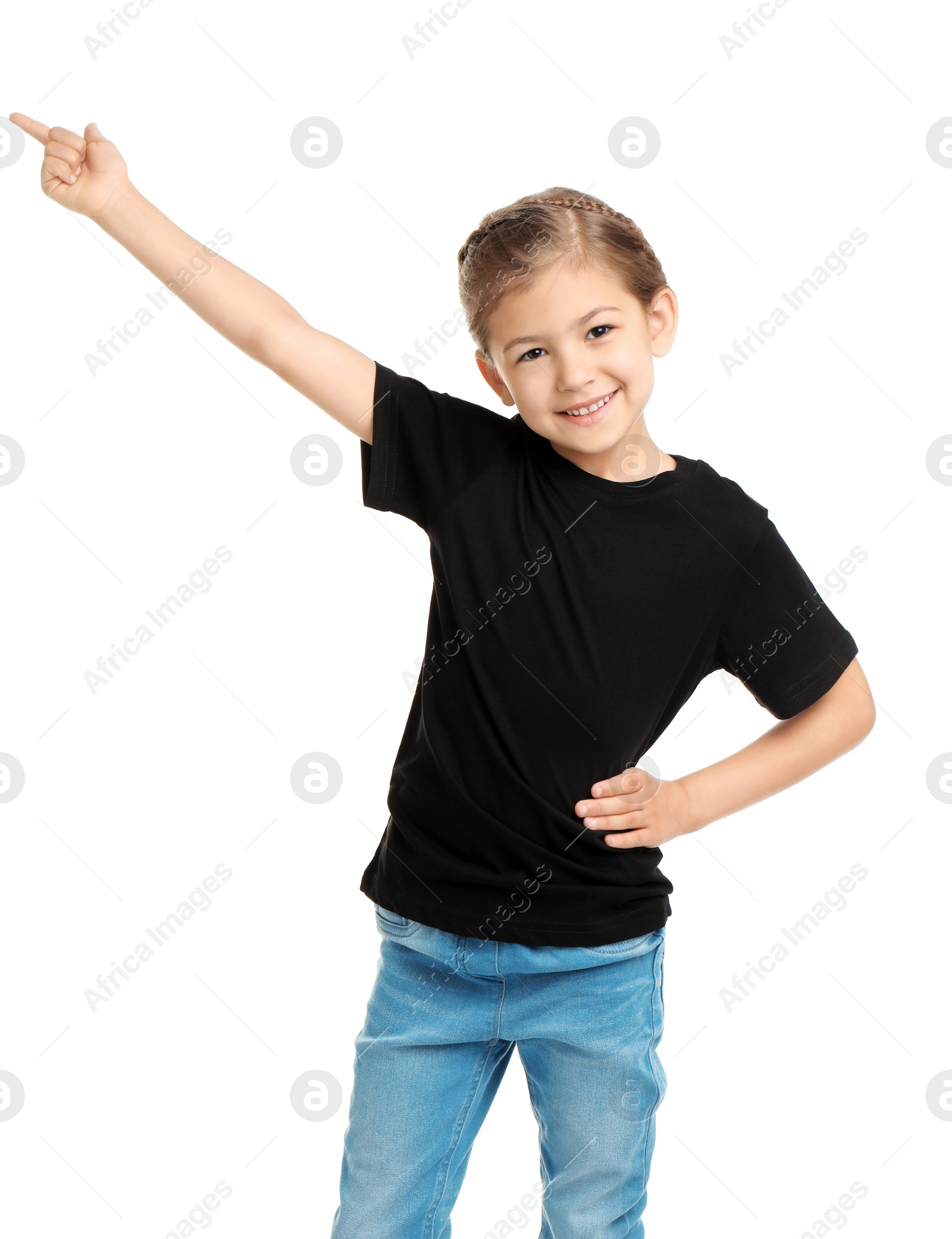 Photo of Little girl in t-shirt on white background. Mockup for design