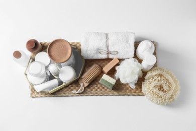 Photo of Bath accessories. Flat lay composition with personal care products on white background