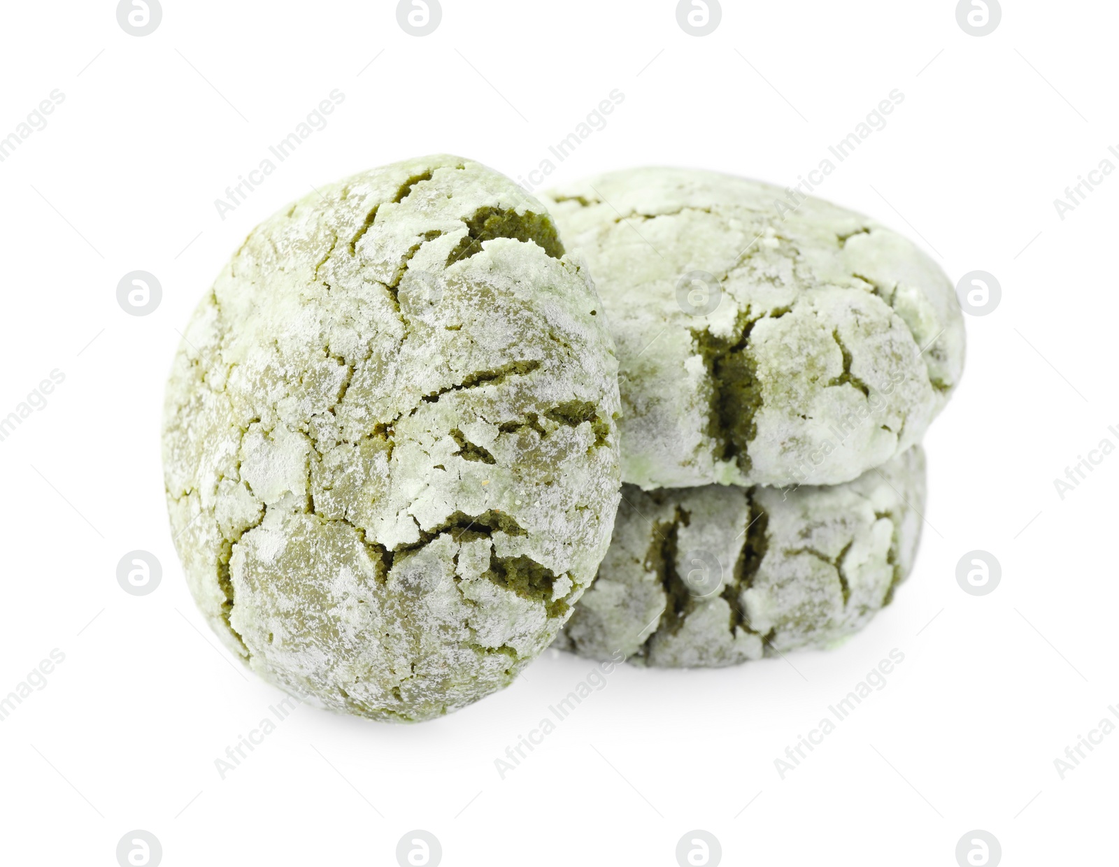 Photo of Three tasty matcha cookies on white background