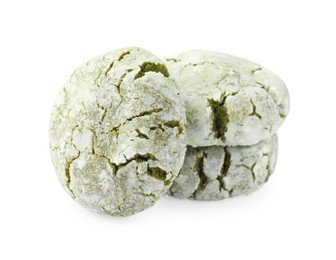 Photo of Three tasty matcha cookies on white background
