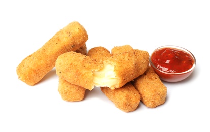Photo of Tasty crispy cheese sticks with sauce on white background