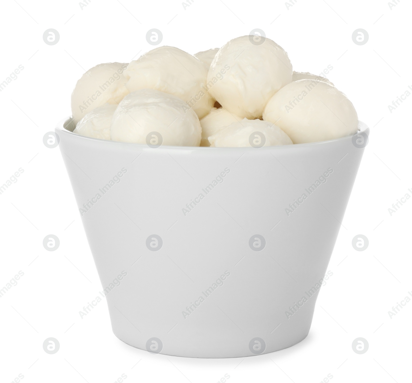 Photo of Bowl with mozzarella cheese balls on white background