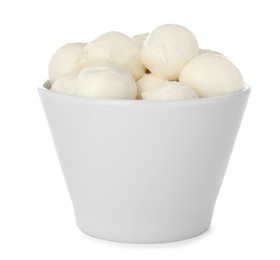 Photo of Bowl with mozzarella cheese balls on white background