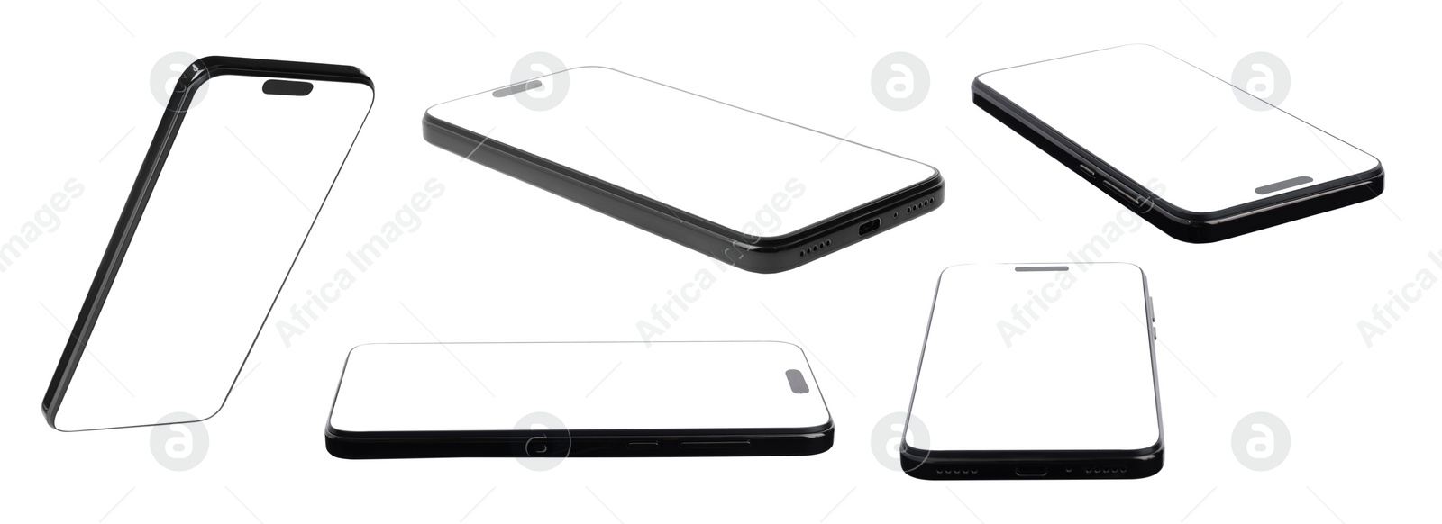 Image of Smartphone with empty screen on white background, different angles. Mockup for design