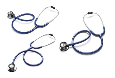 Image of Set with stethoscopes on white background 