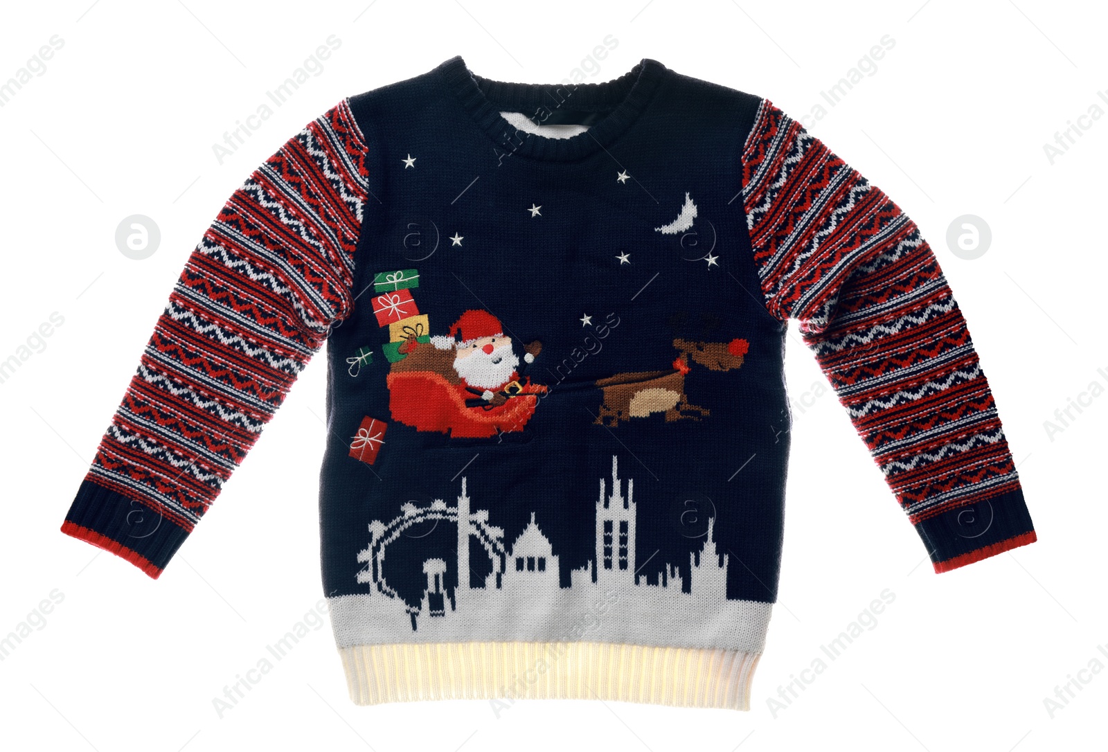 Photo of Cute Christmas sweater on white background, top view