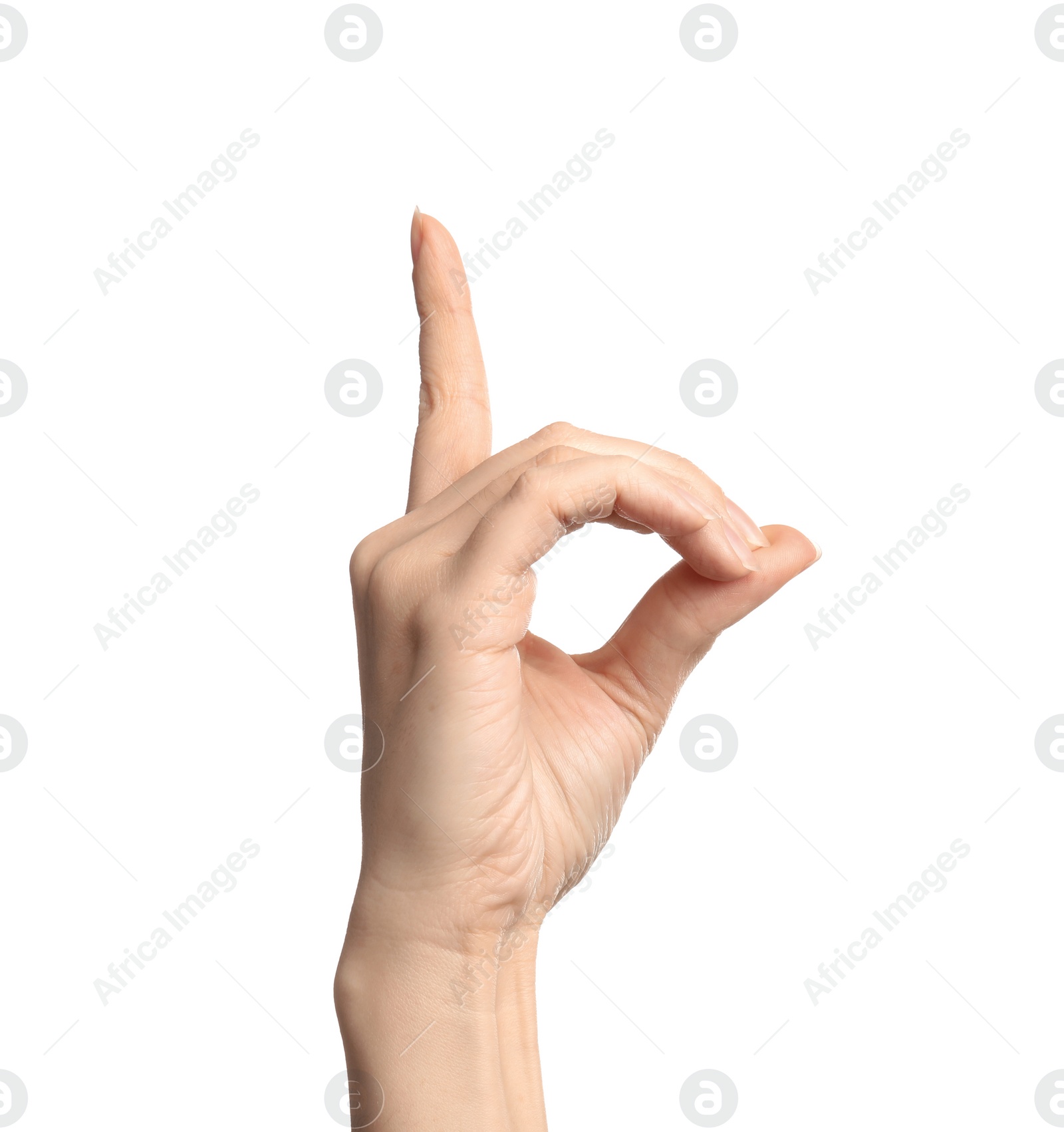 Photo of Woman showing D letter on white background, closeup. Sign language
