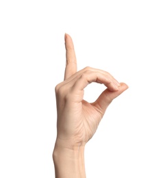 Woman showing D letter on white background, closeup. Sign language