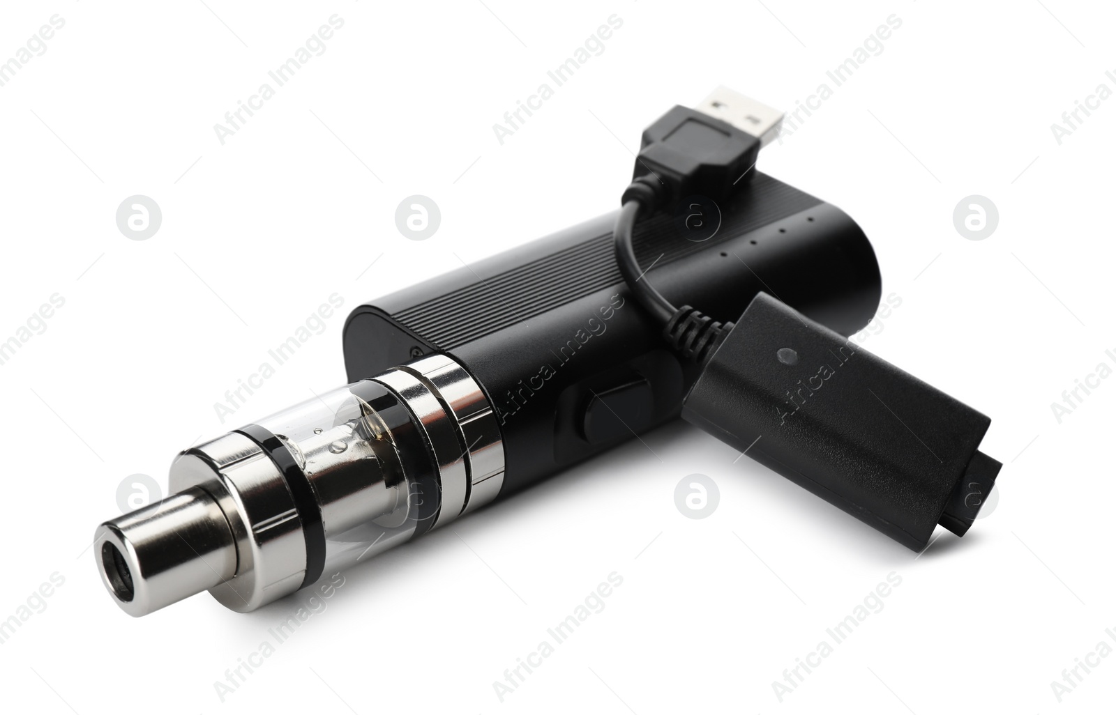 Photo of Electronic smoking device and charger on white background