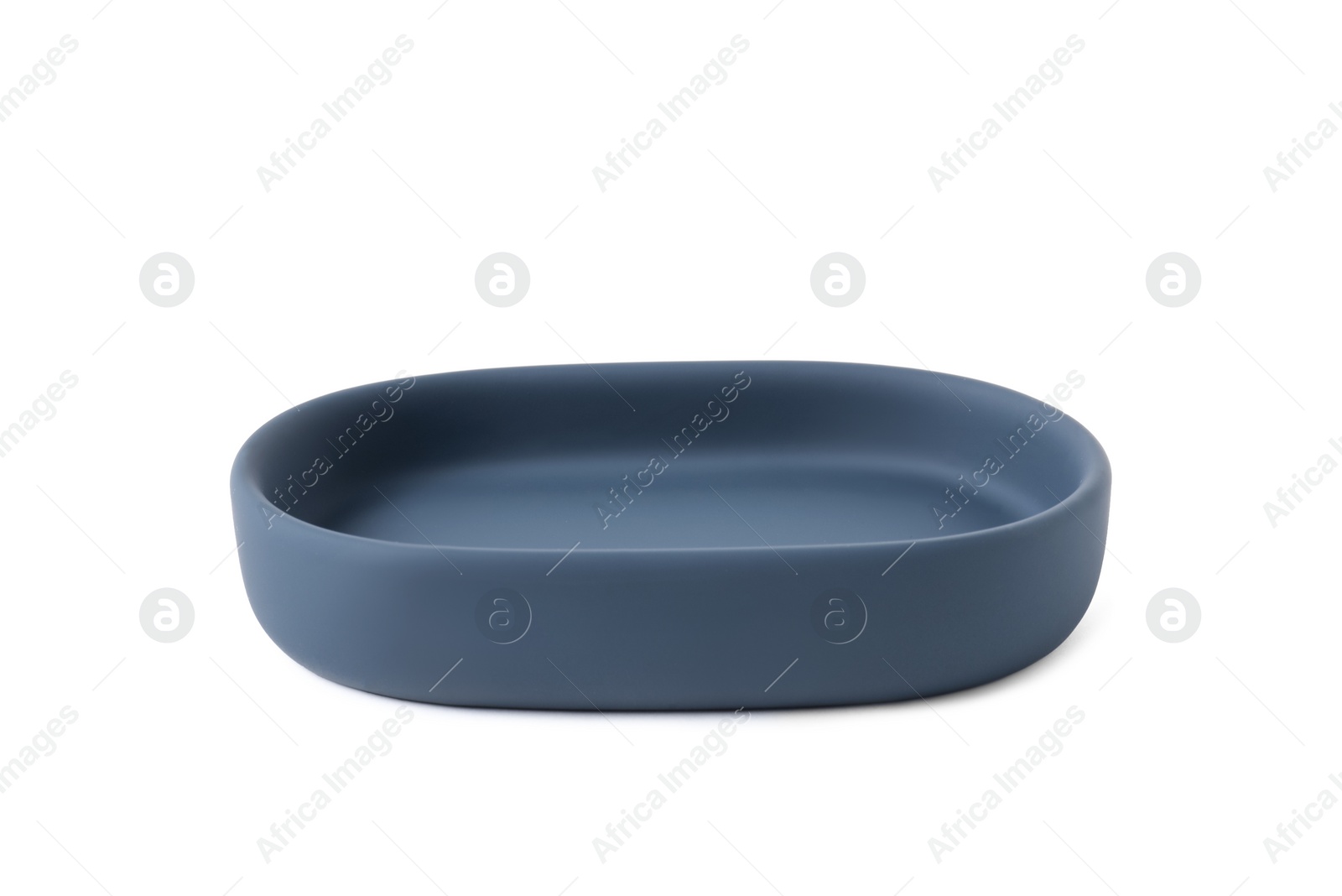 Photo of Bath accessory. Dark blue ceramic soap dish isolated on white