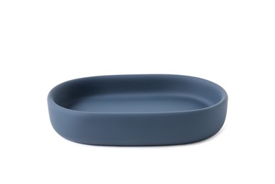 Photo of Bath accessory. Dark blue ceramic soap dish isolated on white