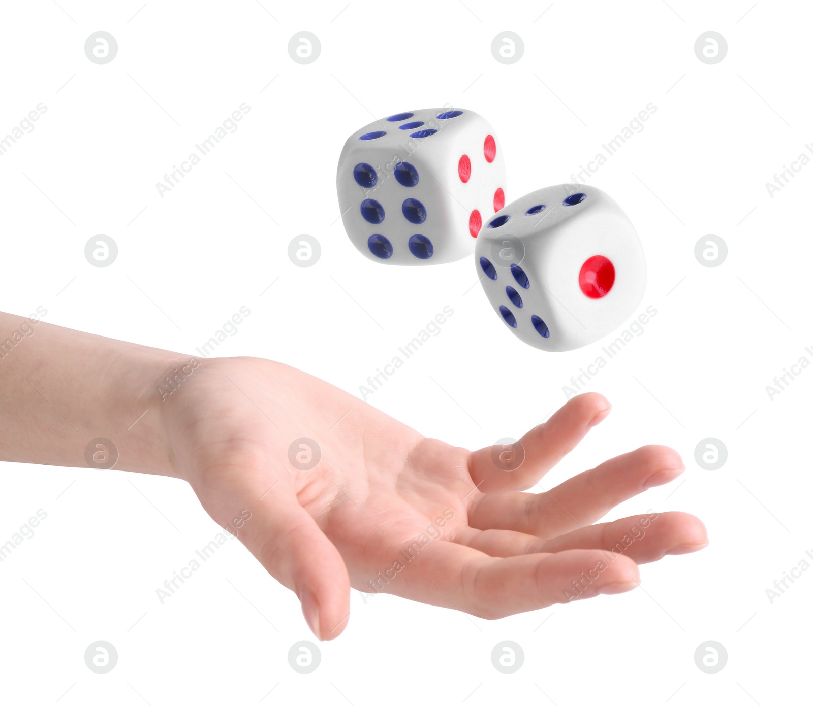 Image of Woman throwing dice on white background, closeup