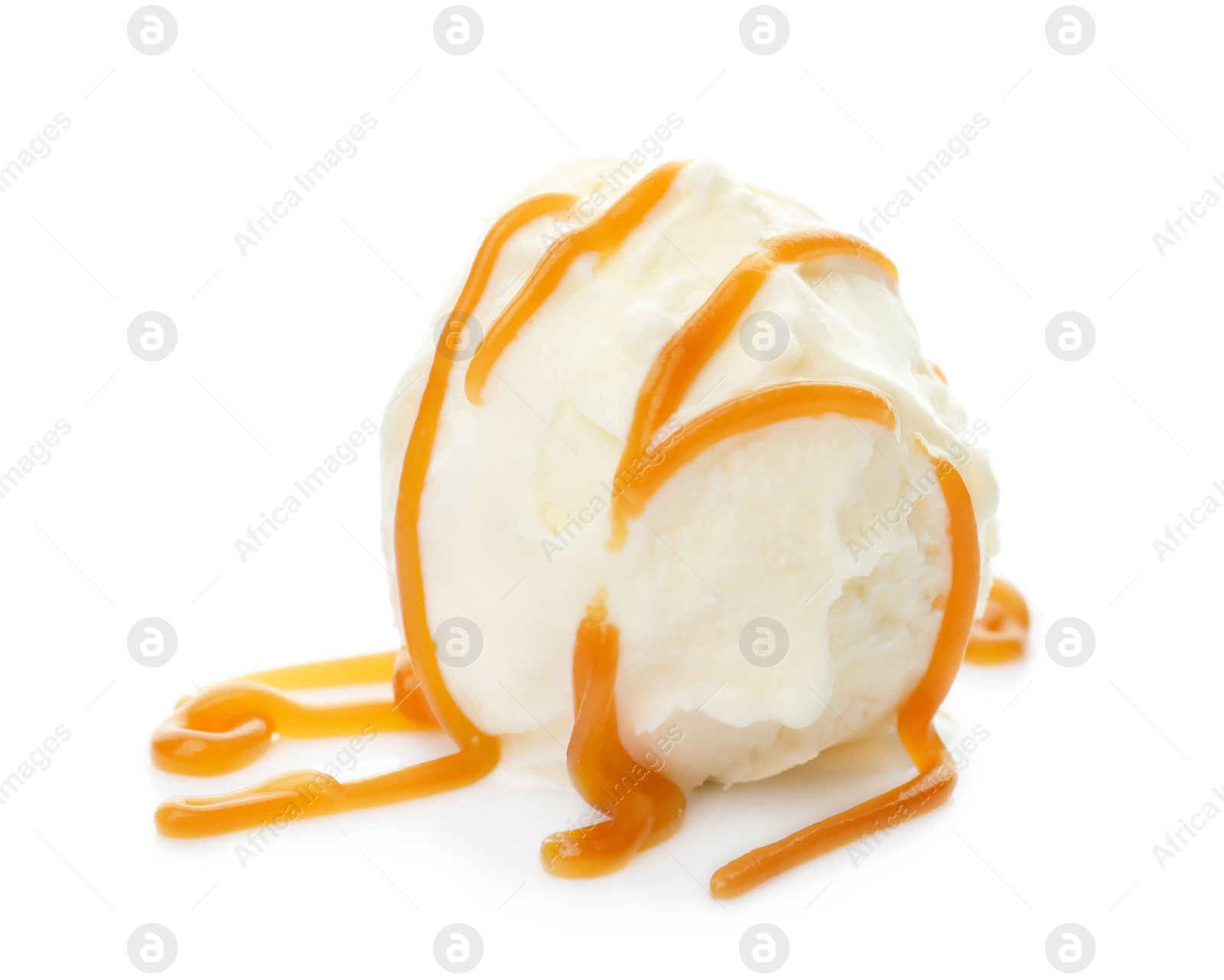 Photo of Ball of delicious vanilla ice cream with sauce on white background