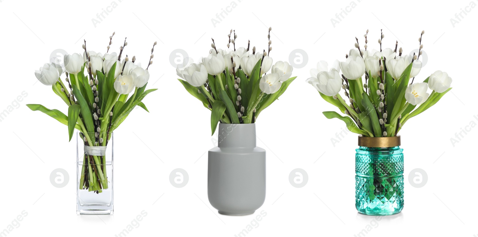 Image of Bouquets with beautiful tulip flowers in vases on white background, collage. Banner design
