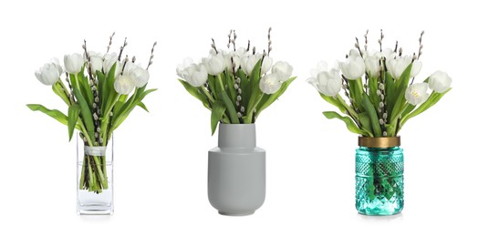 Bouquets with beautiful tulip flowers in vases on white background, collage. Banner design