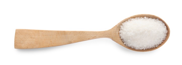 Photo of Granulated sugar in wooden spoon isolated on white, top view