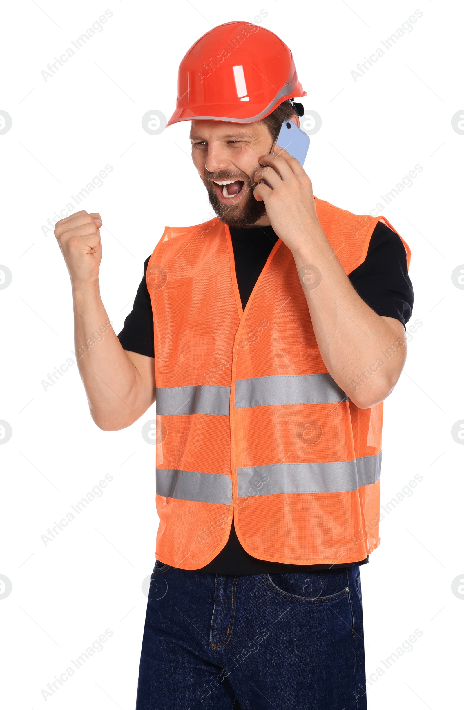 Photo of Man in reflective uniform talking on smartphone against white background