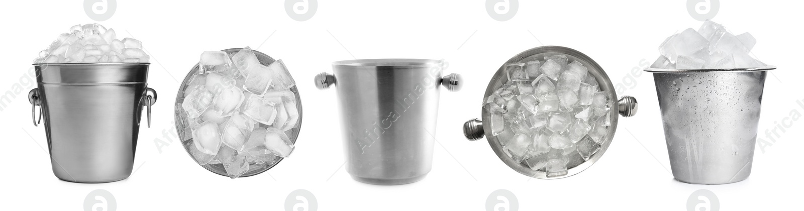 Image of Set of different metal buckets with ice cubes on white background, banner design 