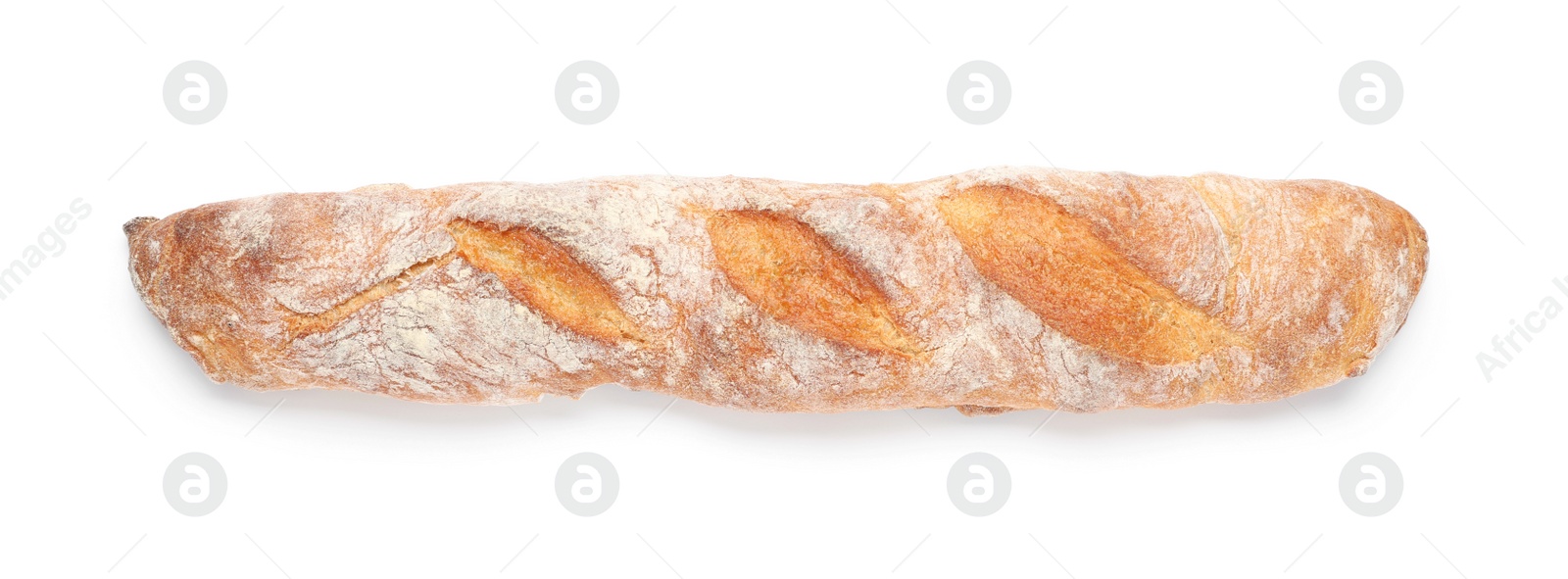 Photo of Crispy French baguette isolated on white, top view. Fresh bread