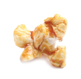 Delicious caramel popcorn on white background