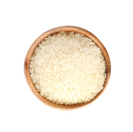 Photo of Bowl with uncooked parboiled rice on white background, top view