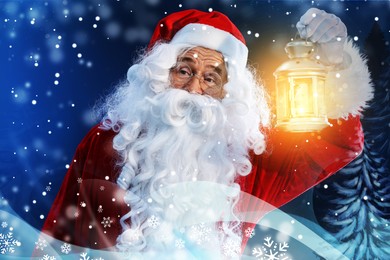 Santa Claus with glowing lantern in winter forest. Christmas magic