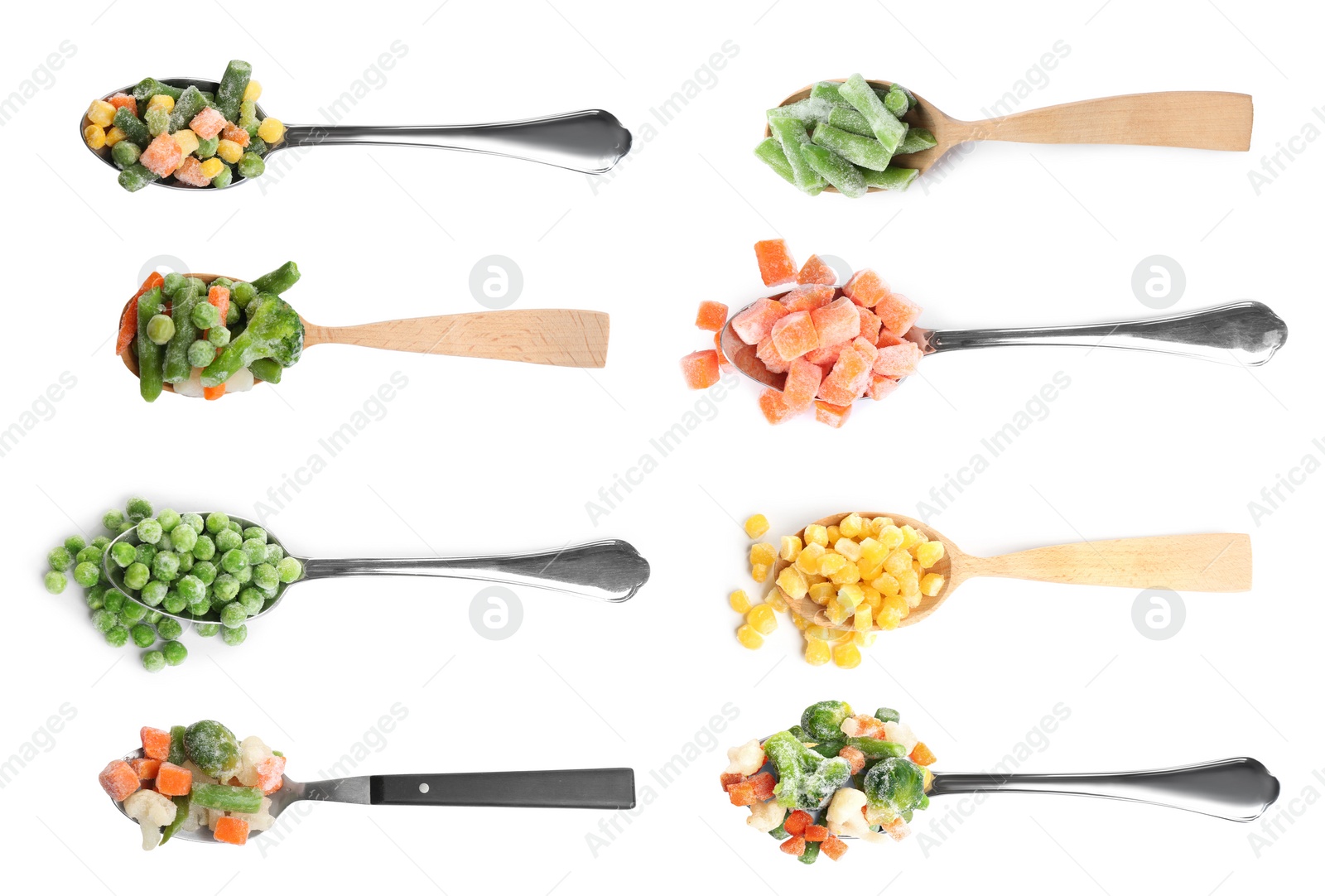 Image of Set of different frozen vegetables in spoons on white background, top view