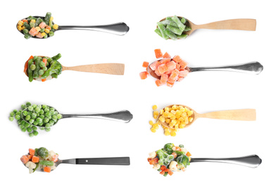 Image of Set of different frozen vegetables in spoons on white background, top view