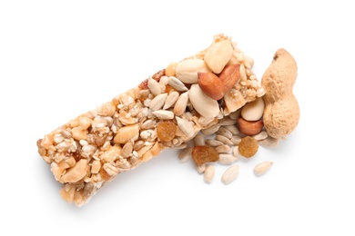 Photo of Grain cereal bar and nuts on white background. Healthy snack