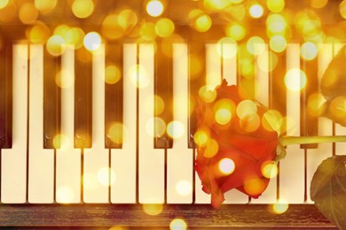 Image of Christmas and New Year music. Piano with rose, bokeh effect