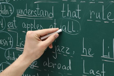 Photo of English teacher writing with chalk on green chalkboard, closeup