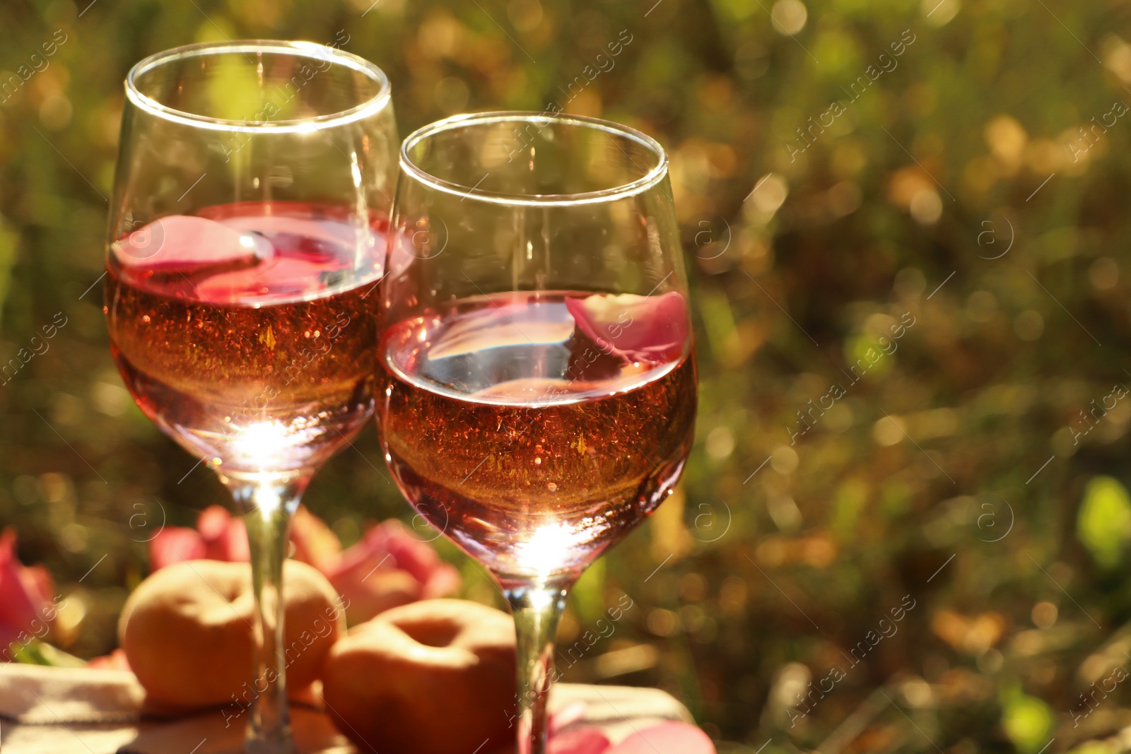 Photo of Glasses of delicious rose wine with petals and peaches outside. Space for text
