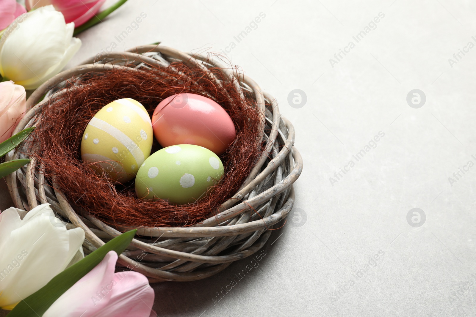 Photo of Wicker nest with painted Easter eggs and flowers on color background, space for text